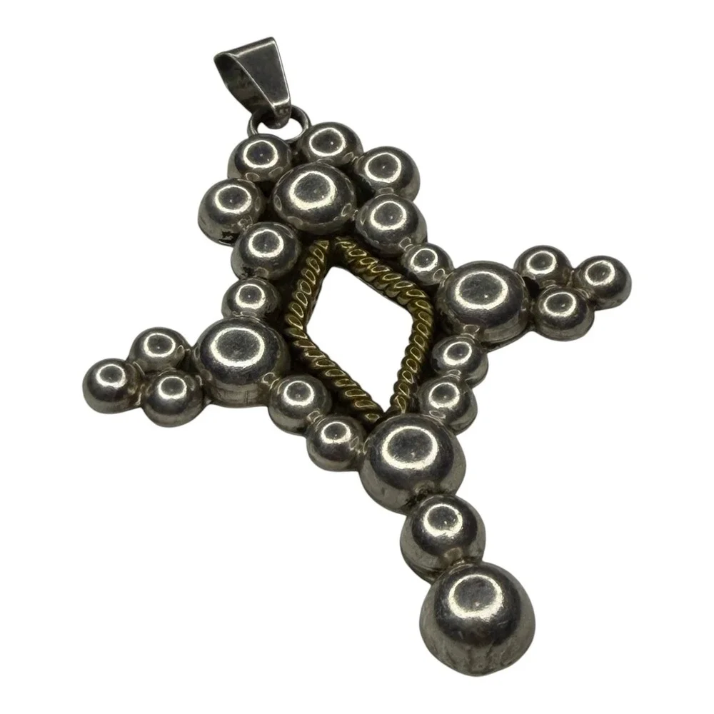 Mexico Pendant 925 Sterling Silver Large Silver Gold Tone Beaded Cross